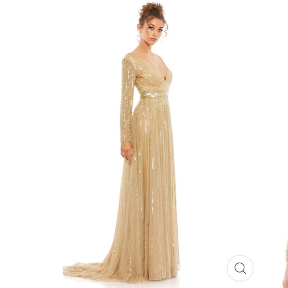 Mac Duggal SEQUINED V NECK ILLUSION SLEEVE A LINE GOWN - Picture 3 of 10